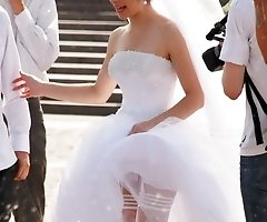 Hot bride flashed white panty up skirt
